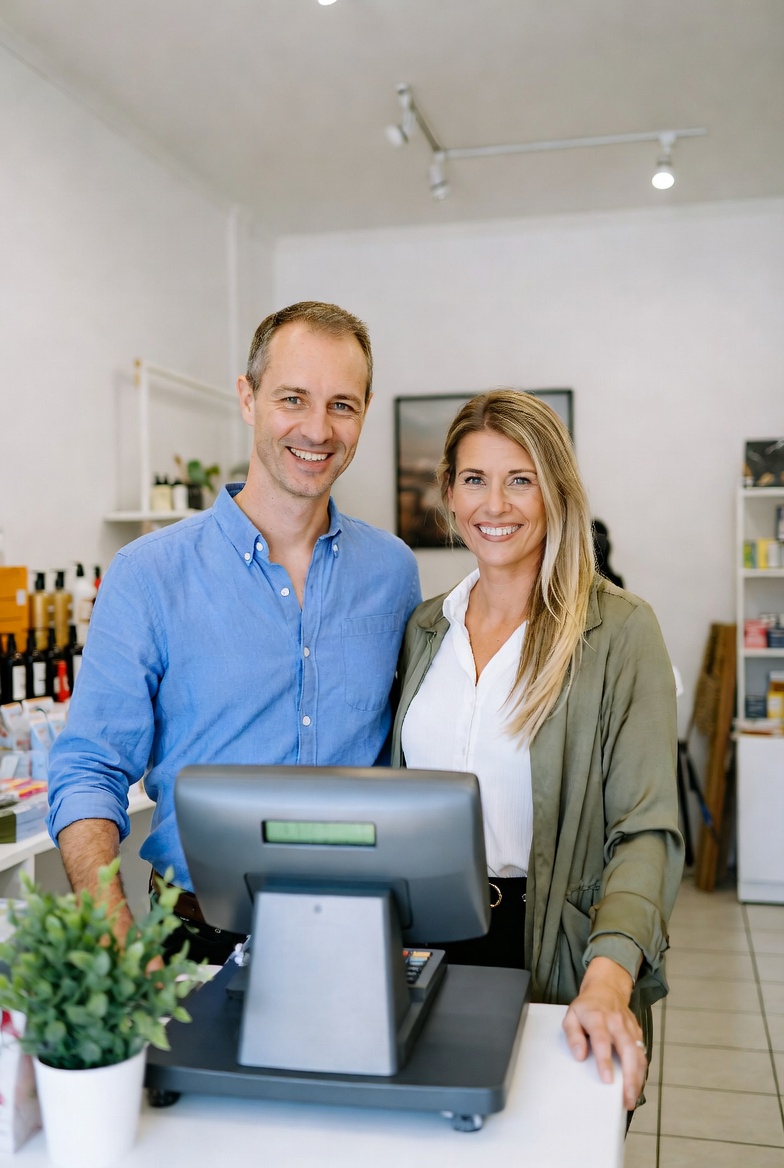 Happy business owners in their shop