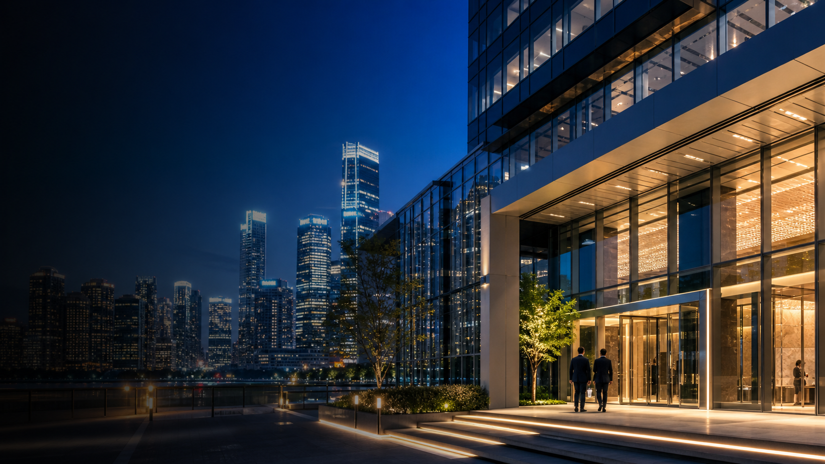 Modern commercial district and premium office property at blue hour