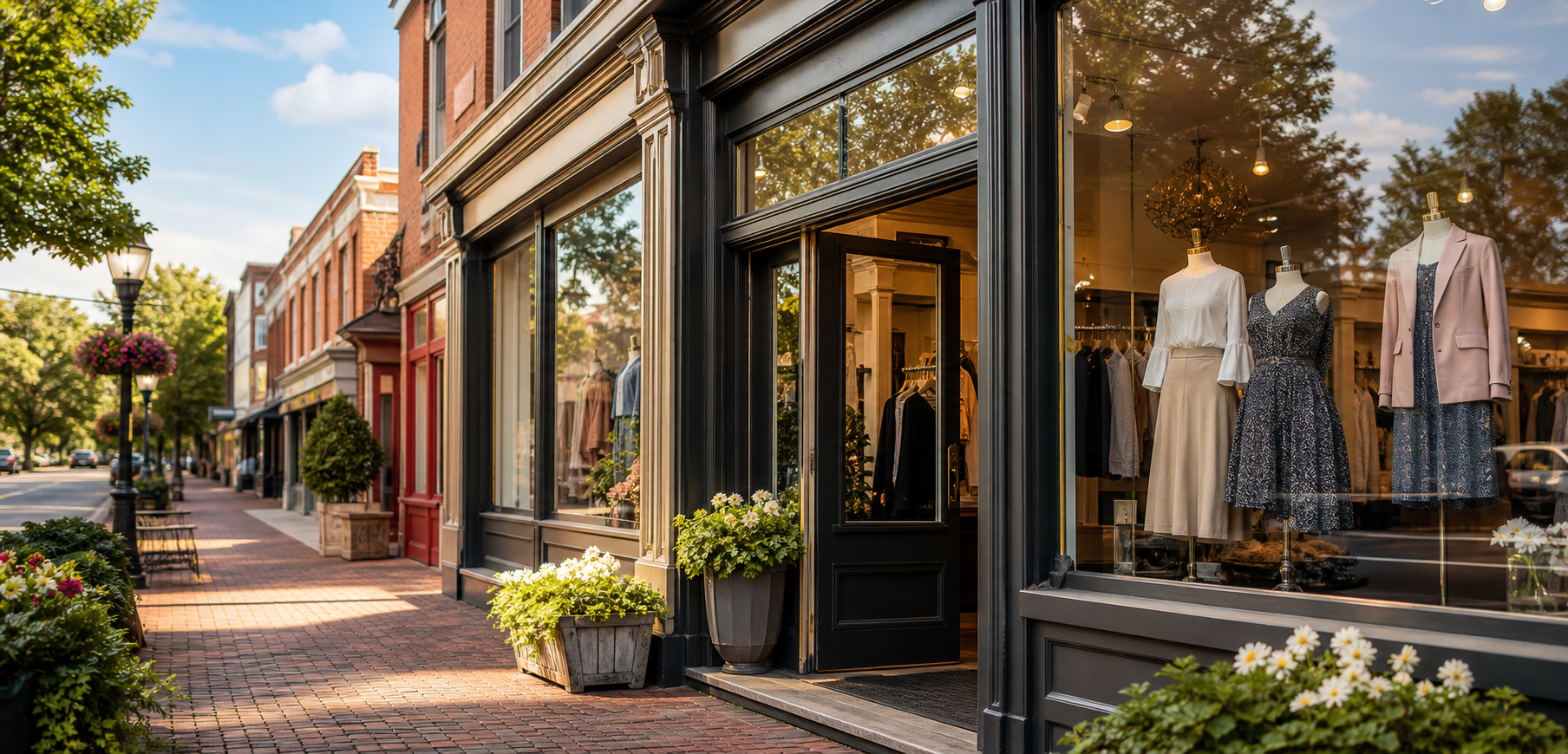 Professional photo of a small clothing store in a quaint downtown area